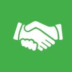 White vector image of two hands shaking on a green background. 